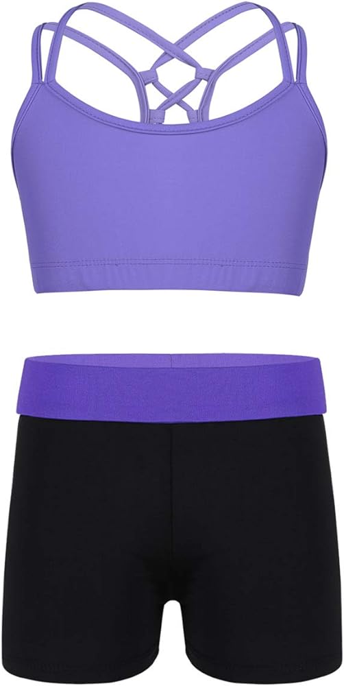 iiniim Kids Girls Sports Bra Criss Cross Back Tanks Tops With Shorts Bottom for Gymnastic Fitness Workout Lavender 14