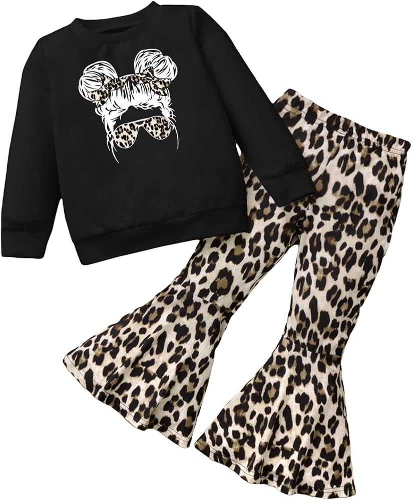 WDIRARA Toddler Girl's 2 Piece Outfits Leopard Print Long Sleeve Sweatshirt Bell Bottom Flare Pants Set