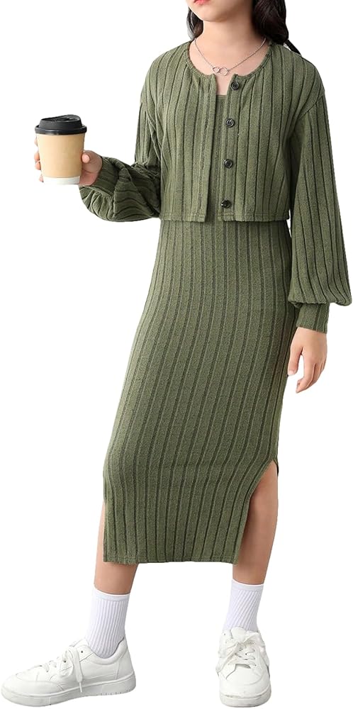 OYOANGLE Girl's 2 Piece Outfits Rib Knit Split Bodycon Midi Tank Dress and Crop Cardigan Set