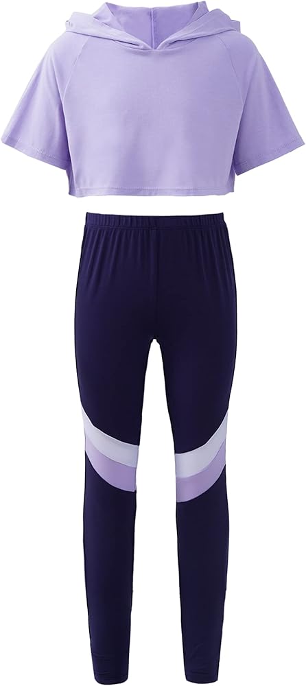 Kids Girls 2 Piece Gymnastics Dance Sports Outfit Hooded Crop Top with Leggings Set Gym Yoga Running Tracksuit