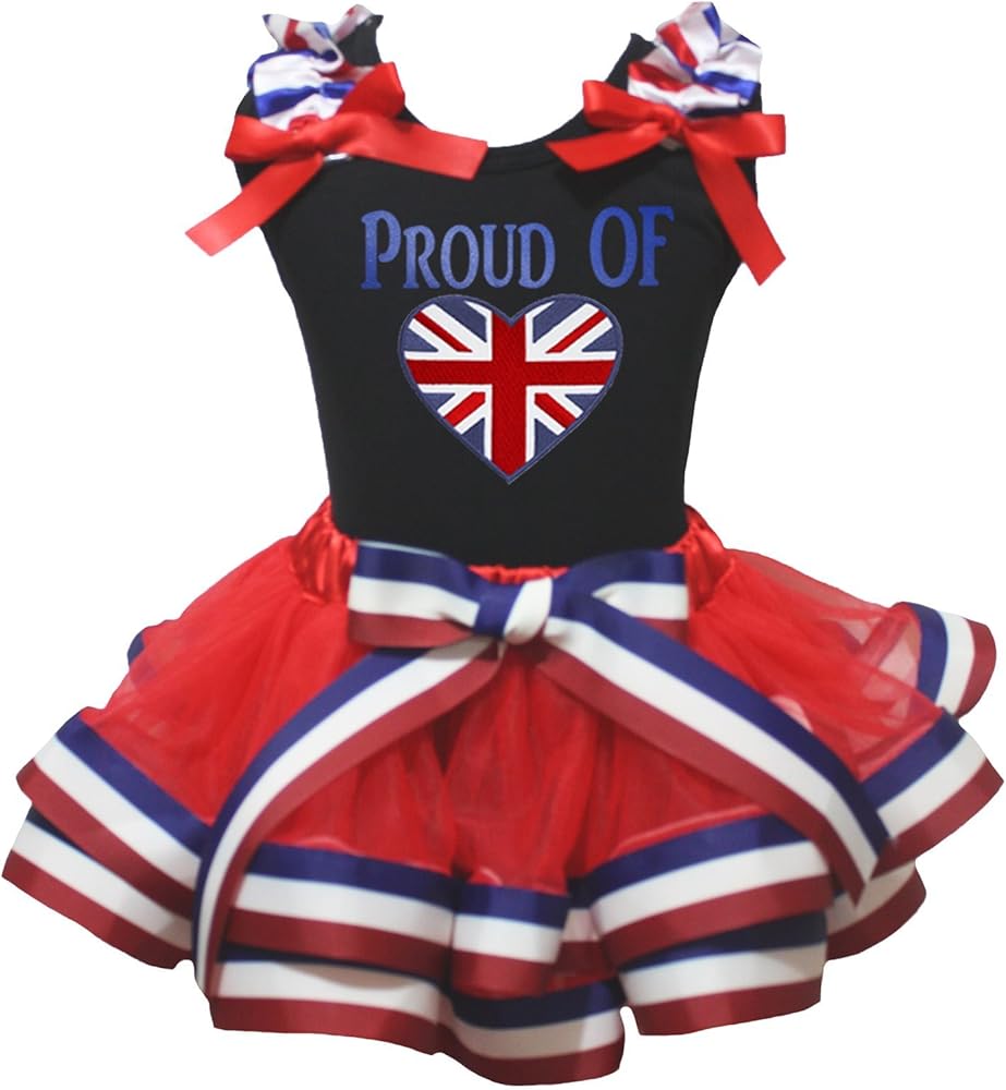 British Dress PROUD OF UK Flag Heart Black Shirt Red Petal Skirt Set Nb-8y