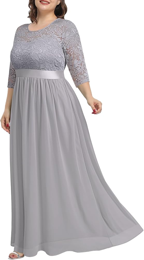 Women's Plus Size Lace Chffon Long Maxi 3/4 Sleeve V-Back Formal Dress