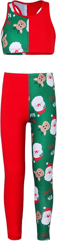 YiZYiF Girls 2 Piece Christmas Outfit Ankle Length Holiday Legging Stretchy Tights with Crop Top Set