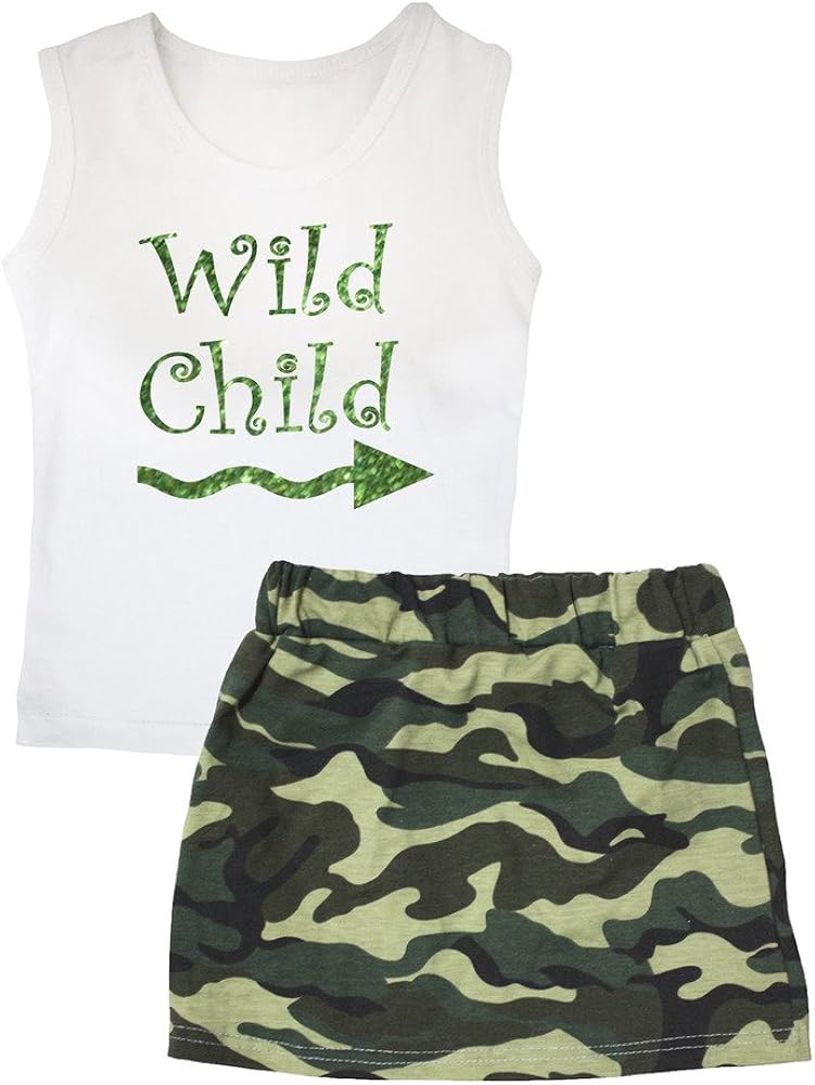 Petitebella Bling Wild Child White Vest Green Camouflage Skirt Set 1-8y