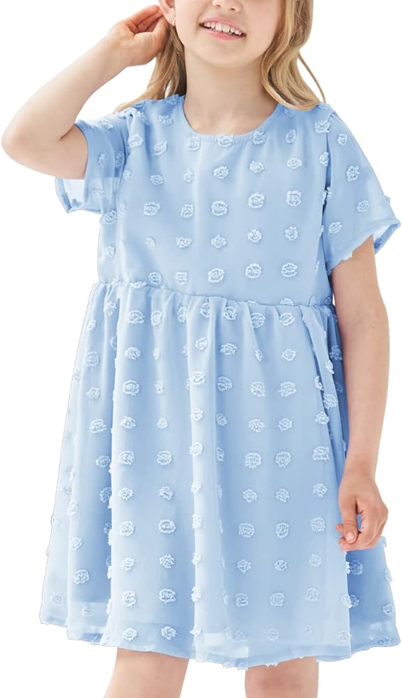 Girls Summer Chiffon Dresses Casual Loose Fit Short Sleeve Flowy Ruffle Swing Swiss Dot Midi Dress 6-14 Years