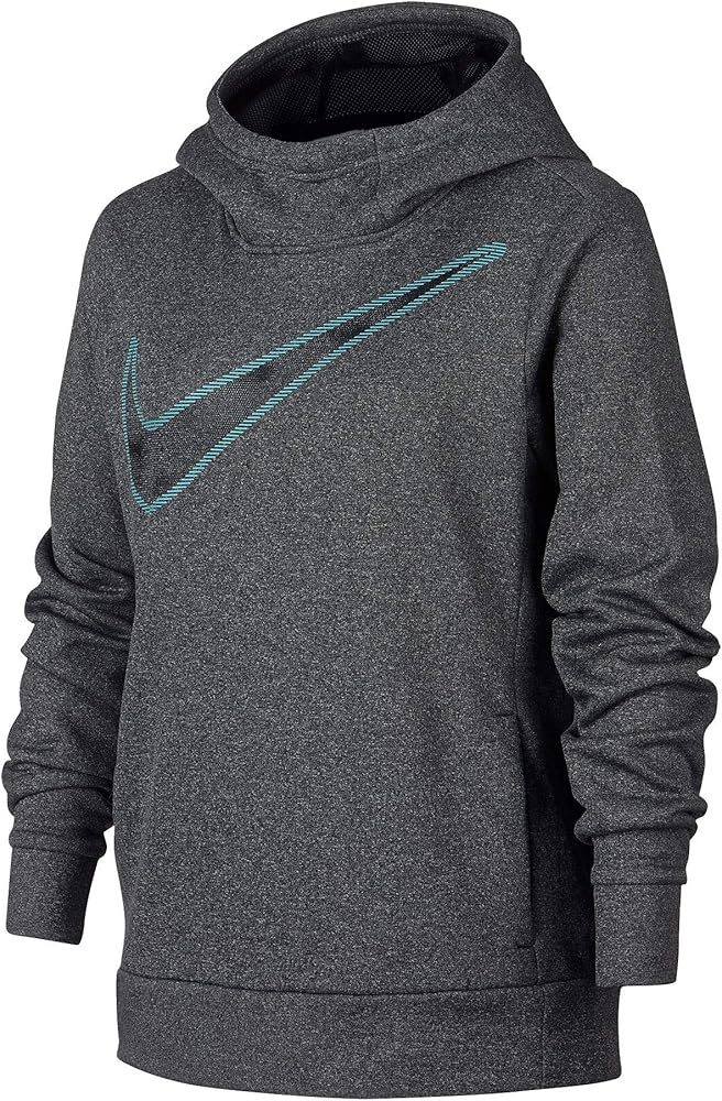 Nike Big Girls' Swoosh Thermal Pullover Sweatshirt Hoodie (Black Heather/Black, Small)