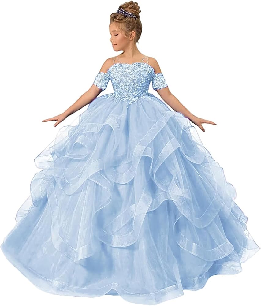 Tulle Flower Girl Dresses for Wedding Lace Applique Princess Ruffles Pageant Dress Long Party Ball Gown