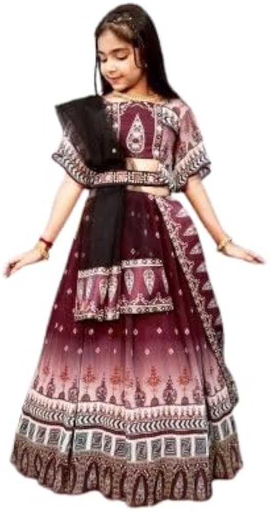 Girls' Maroon and White Printed Cotton Anarkali Dress, 3/4 Sleeves