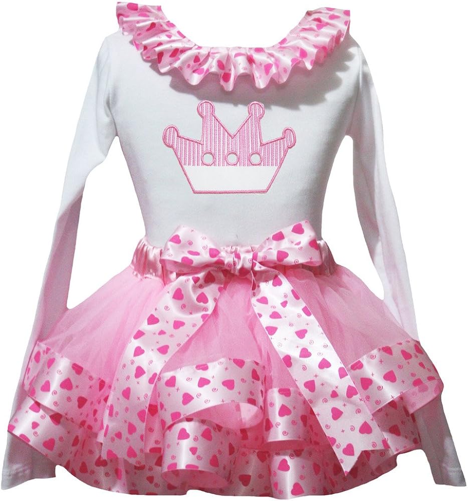 Petitebella Crown White L/s Shirt Pink Valentine Heart Petal Skirt Outfit Nb-8y