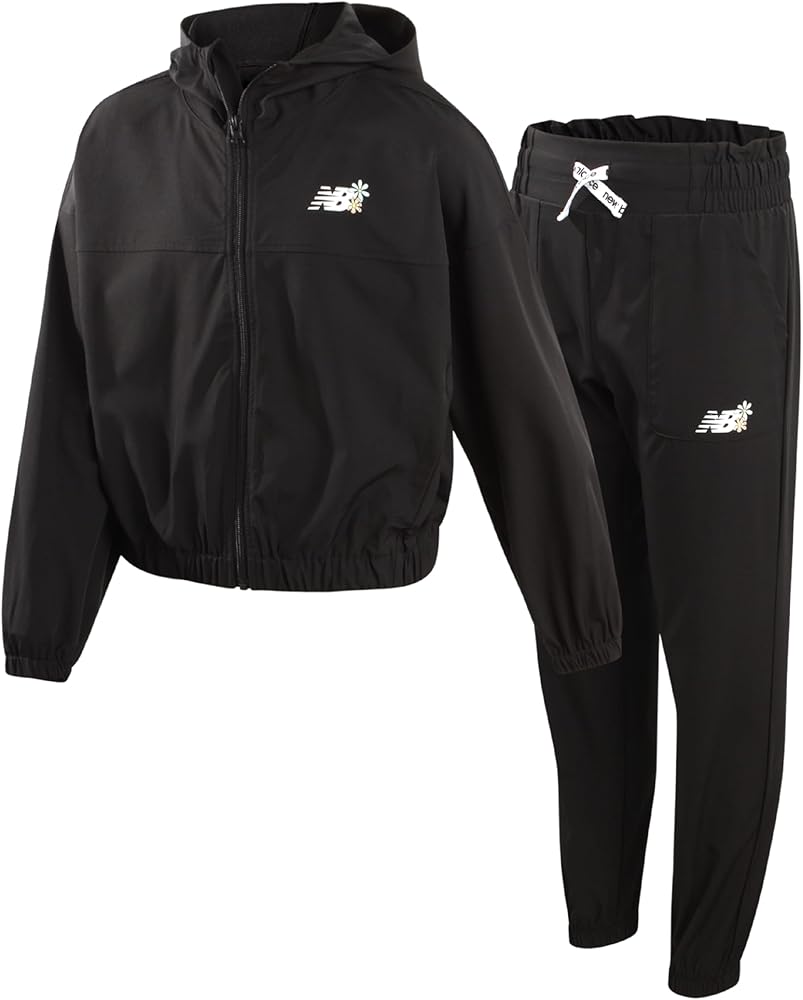 New Balance Girls' Pants Set - 2 Piece Windbreaker Jacket and Jogger Pants - Trendy Spring Outfit for Girls (7-12)