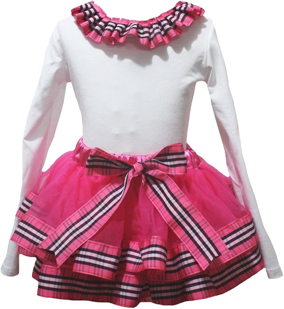 Petitebella Plain White L/s Shirt Stripe Ribbon Hot Pink Petal Skirt Nb-8y