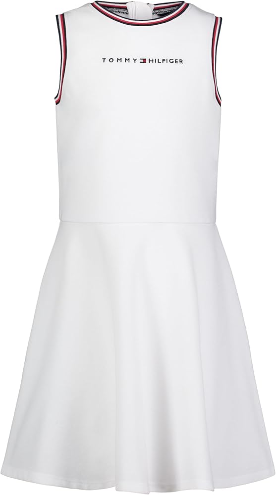 Tommy Hilfiger Girls' Sleeveless Fit and Flare Dress with Signature Stripe, White Global Stripe, 7