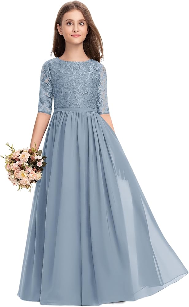 Junior Bridesmaid Dresses Scoop Floor-Length Chiffon Flower Girl Dress for Teen Girls Party Pageant Gown