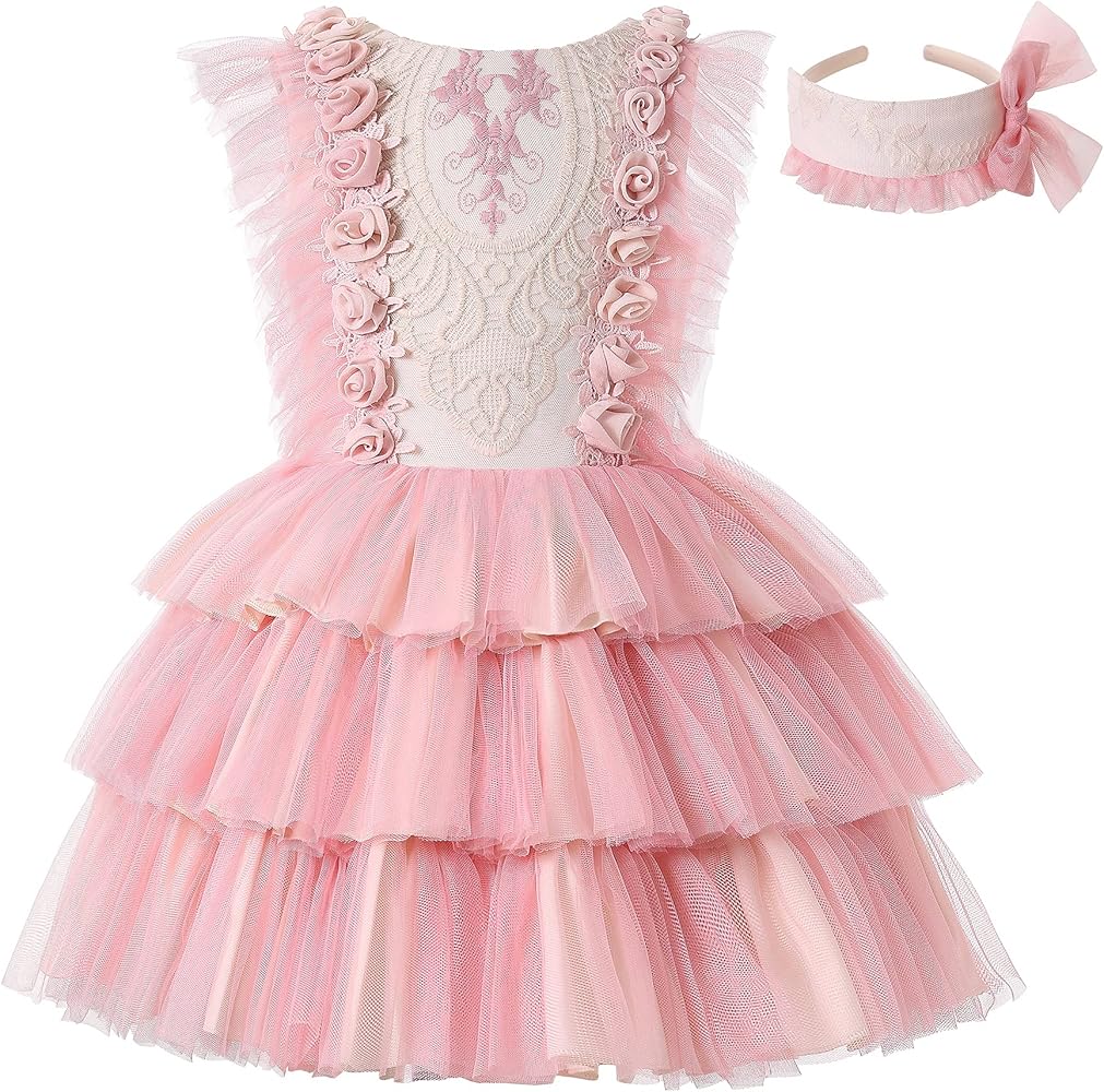 Pettigirl Lovely Girl Pink Embroidery Ruffle Tulle Clothes Kids Trendy Tutu Prom Birthday Party Wedding Midi Dresses