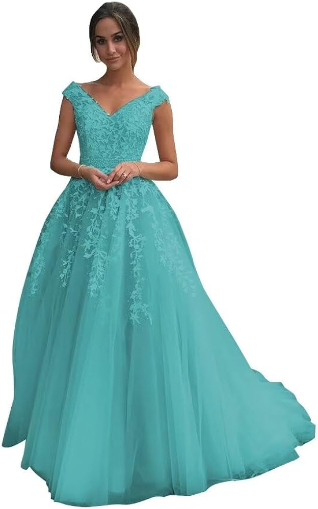 V Neck Quinceanera Dress Ball Gown Cap Sleeve Lace Appliques Tulle Prom Dresses