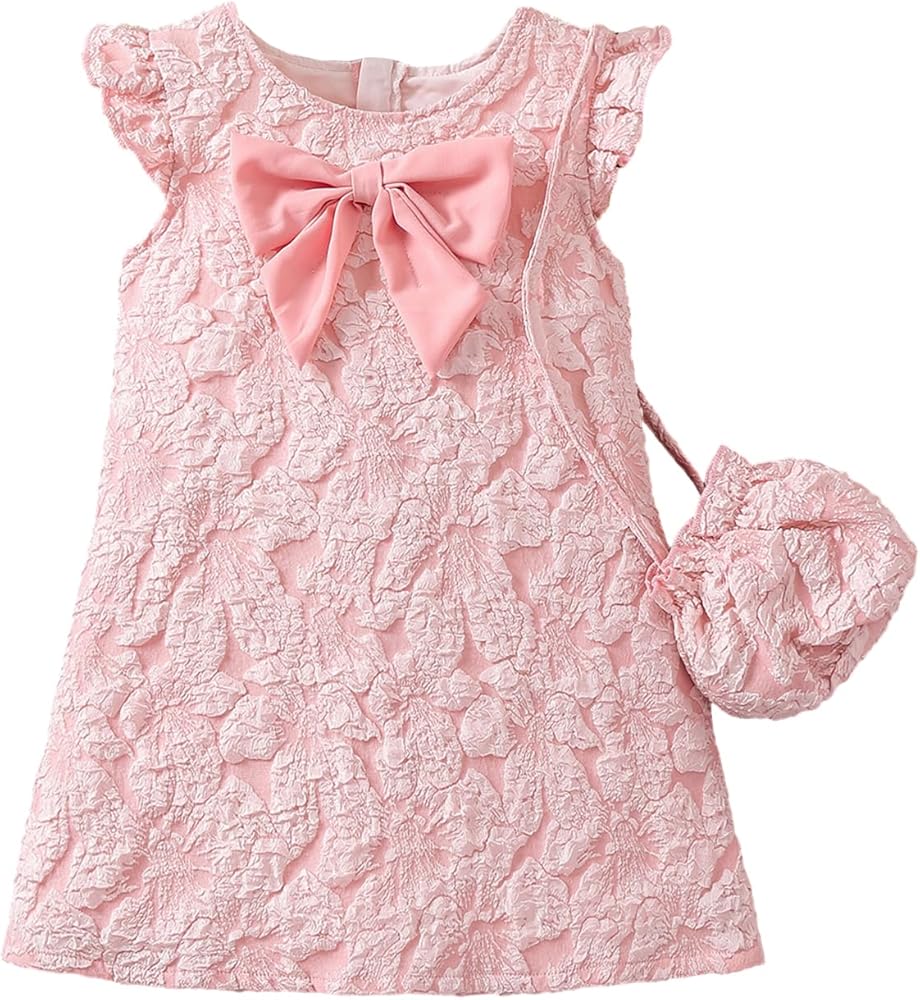 OYOANGLE Girl's Bow Front Ruffle Sleeve Dress Jacquard Round Neck Zipper Back A Line Sweet Short Dresses