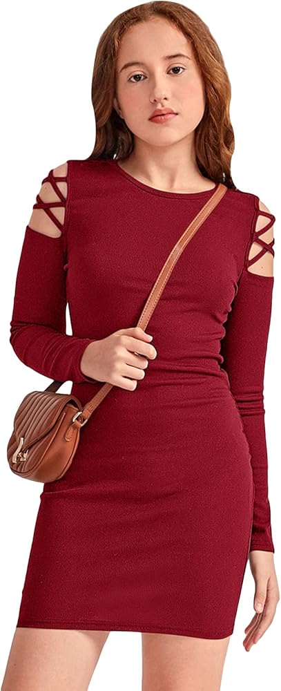 COZYEASE Girls' Rib Knit Crisscross Cold Shoulder Dress Solid Cut Out Bodycon Pencil Dresses