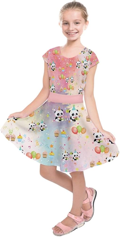 PattyCandy Gradient Happy Birthday Panda Cartoon Tribal Kids Short Sleeve Dress/Overall Dress, Size:2-16