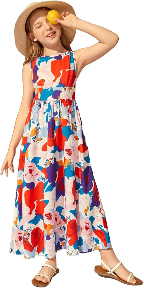 Floerns Girls All Over Print Sleeveless Round Neck Boho A Line Long Dress