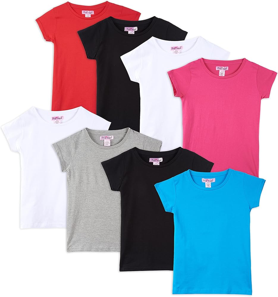 Pink Angel Kids Girls Cotton Crew Neck Shirt, Casual Solid Plain Short Sleeve Tees - 8 Pack, Assorted Colors