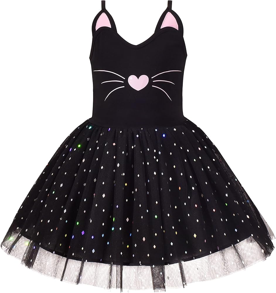 Sunny Fashion Girls Dress Cat Face Black Tower Ruffle Dancing Party Size 4-10