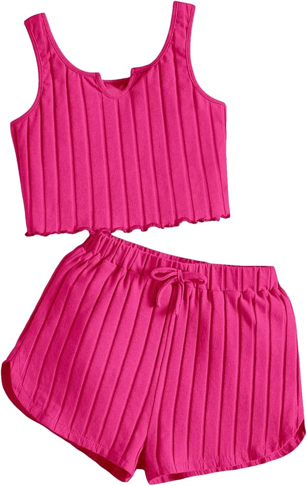 OYOANGLE Girl's 2 Piece Outfits Sleeveless Rib Knit Notched Neck Crop Tank Top and Shorts Set Tracksuit