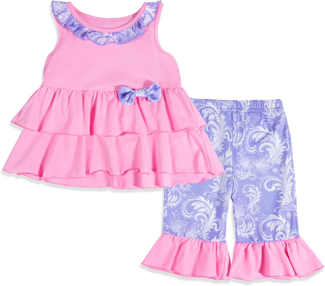 Toddler Baby Girl Clothes Summer Outfits, Tiered Top Shirt Bell Bottoms Mid Length Shorts Clothing 2PCS Sets 6M-5 Years