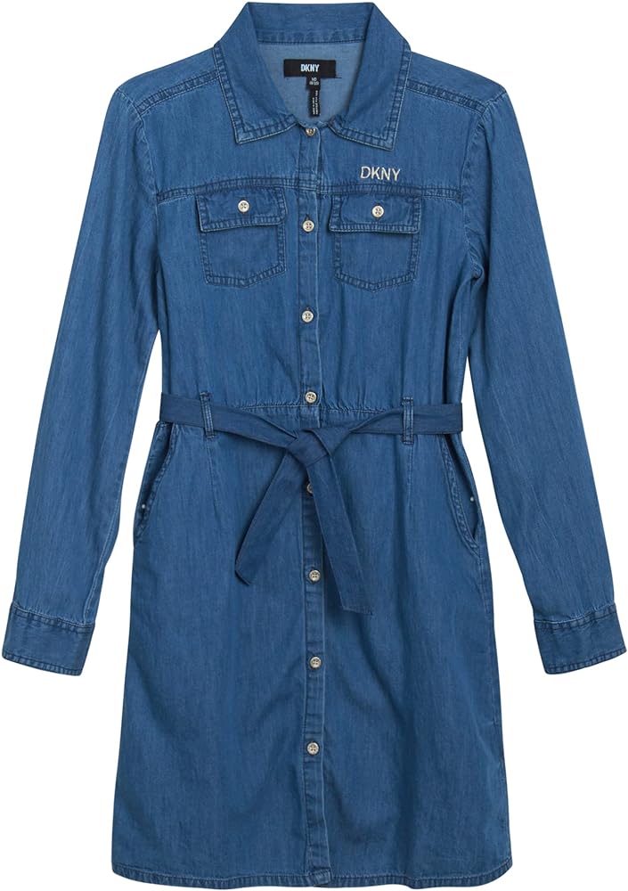 DKNY Girls’ Casual Dress - Button Down Denim Dress - Chambray Denim Jumper Jean Dress for Girls (7-16)