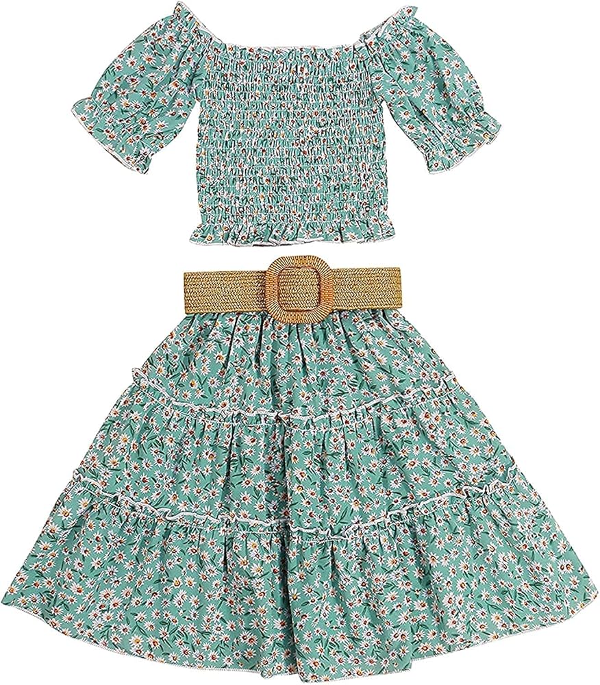 Kids Big Girl Ruffled Off The Shoulder Crop Top+ Maxi Boho Tutu Long Skirts Dress with Waistband Two Piece Clothes Set (Ruffled Daisy,4-5T)