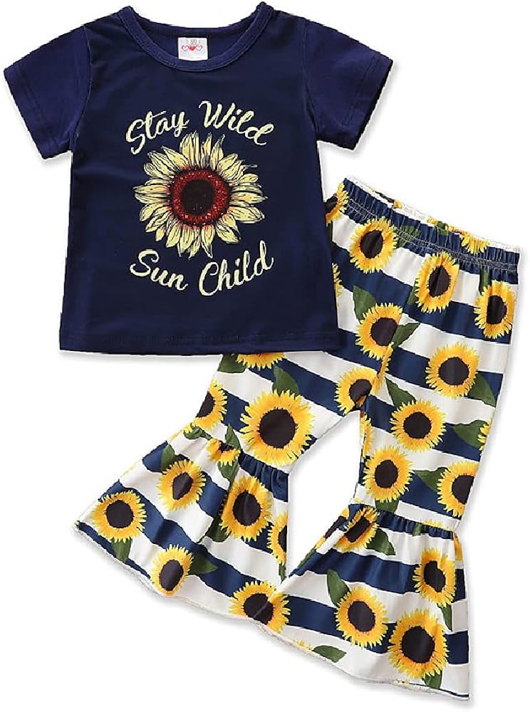 Children's Clothing,Summer Girls' Printed Suit,Girls' Casual Short Sleeve T-Shirts and Sunflower Bell Bottom Pants.