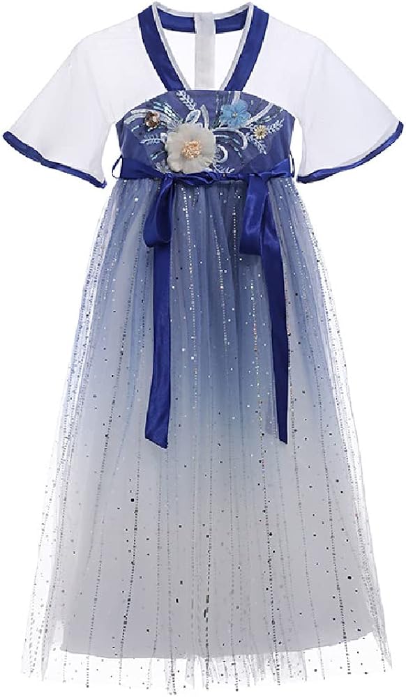 Quenny Girls' Three-Dimensional Embroidered Tube Top Hanfu,Chinese Style Color Matching V-Neck Gradient Sequined Skirts.