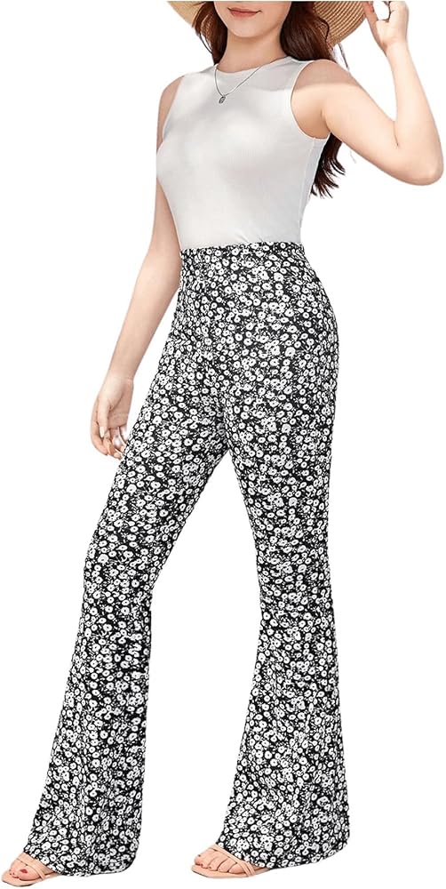 Floerns Girl's Two Piece Outfit Rib Knit Tank Top Floral Bell Bottom Pants Set