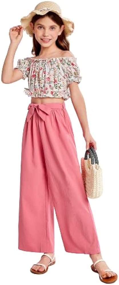 OYOANGLE Teen Girl's 2 Piece Boho Floral Off Shoulder Blouse Top Belted Wide Leg Pant Summer Clothes Set