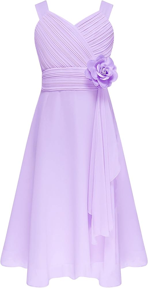 Flower Girls Formal Dress Kids 3D Applique Asymmetric Chiffon Bridesmaid Wedding Party Evening Gown