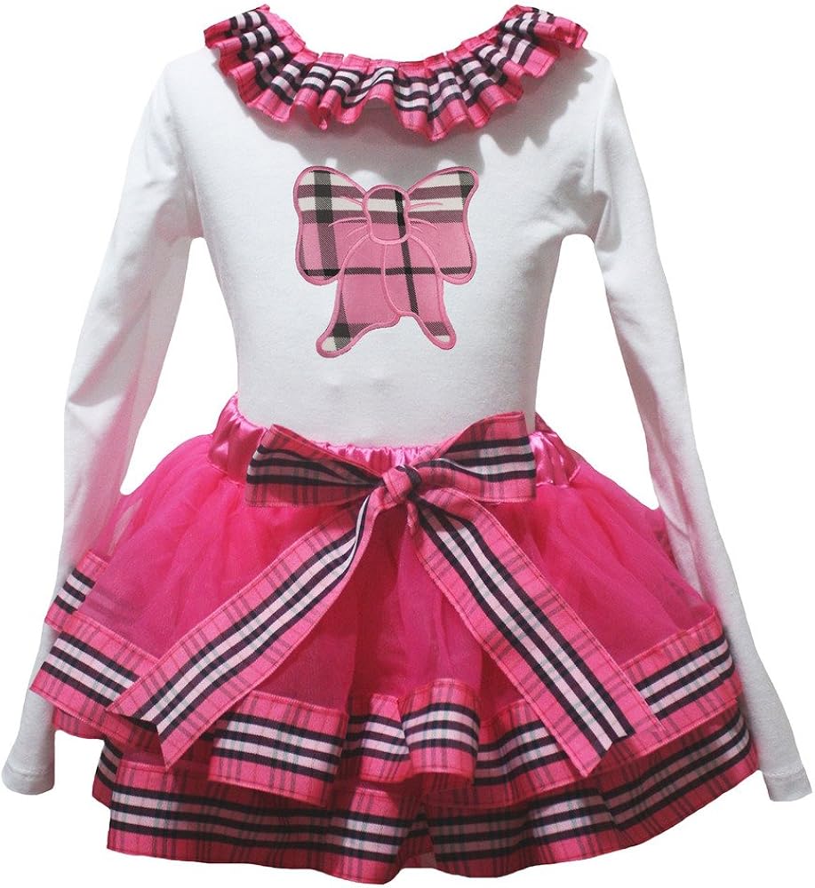 Petitebella Pink Grid Bow White L/s Shirt Stripe Hot Pink Petal Skirt Nb-8y