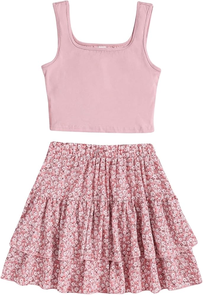 SweatyRocks Girl's Casual 2 Piece Outfits Square Neck Tank Top and Floral Print Ruffle Skirt Set