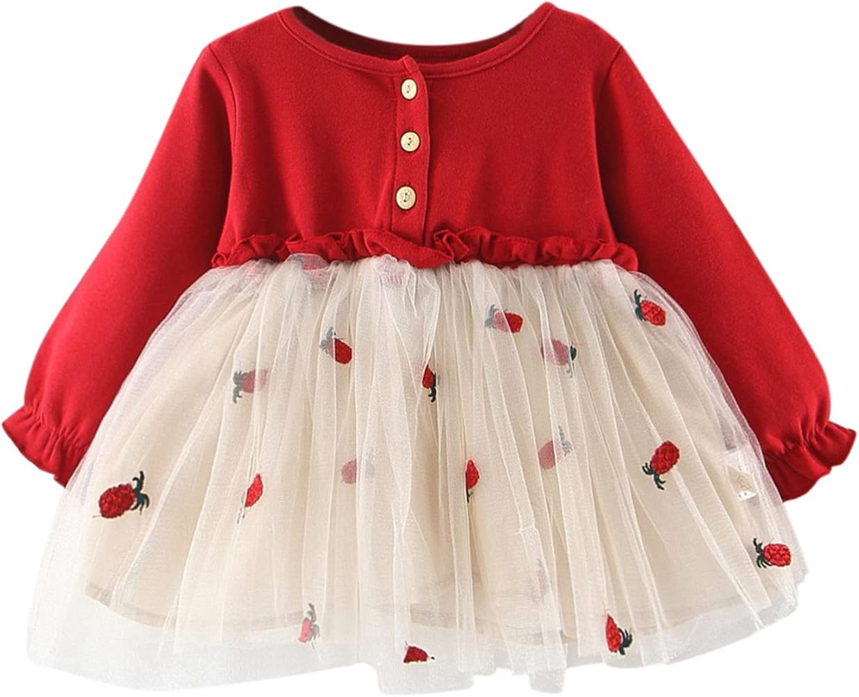 Toddler Kids Girls Floral Long Sleeve Mesh Fruit Tulle Gown Dress Princess Clothes Dress for Girls with Sleeves