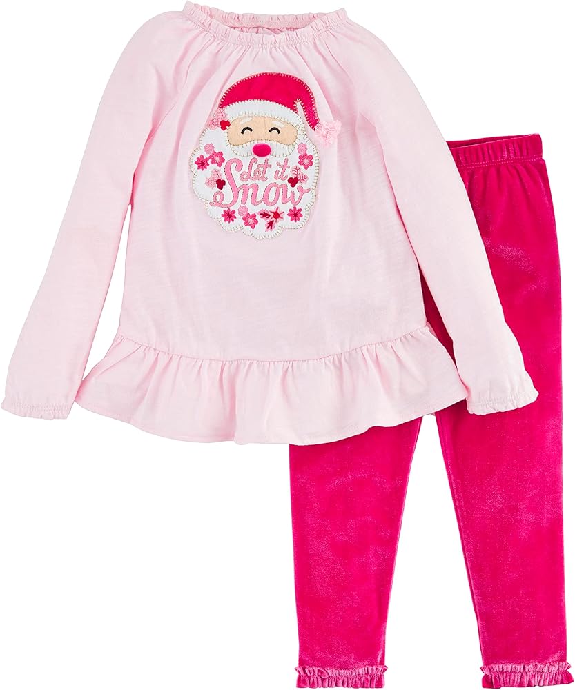 Mud Pie Girls Toddler Christmas Tunic and Legging Set, Pink Santa, 2T