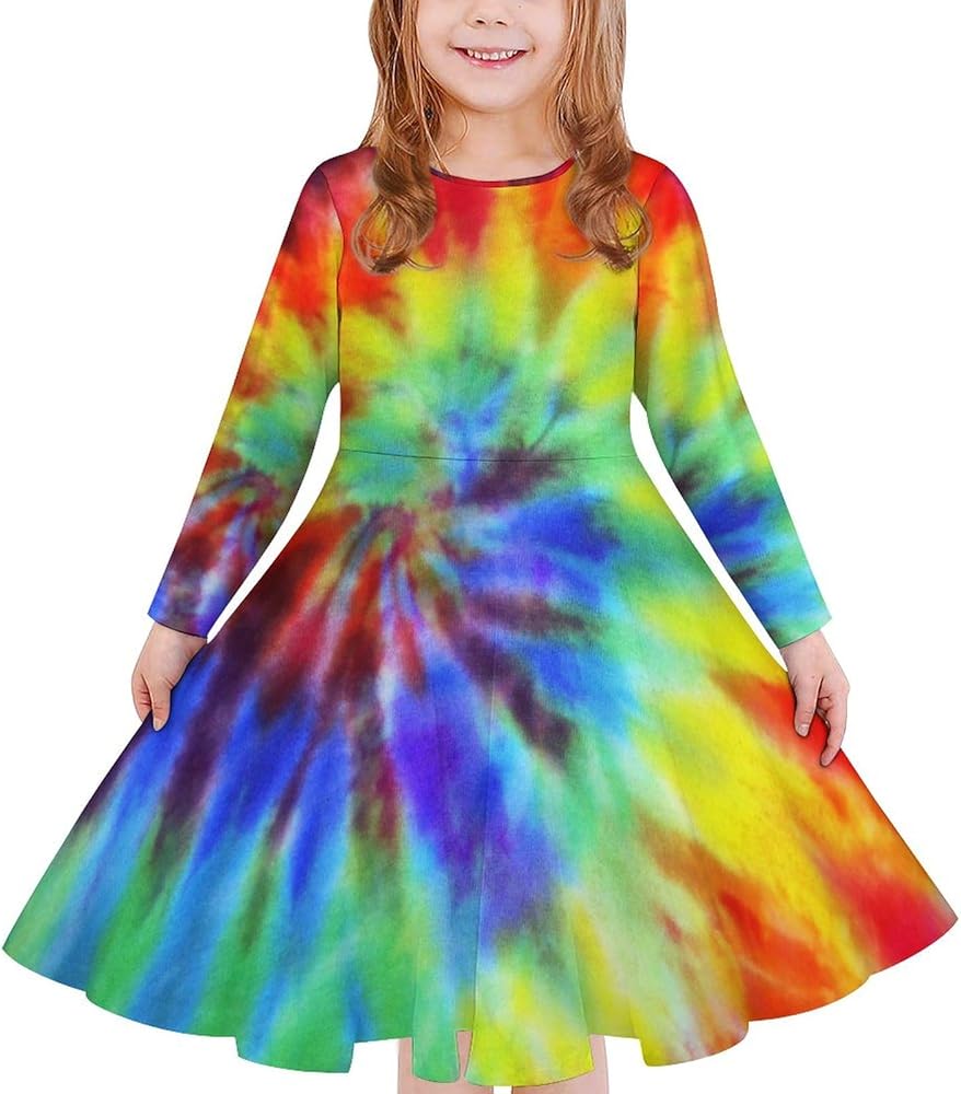 Girls Rainbow Tie Dye Long Sleeve Dress Fashion A-line Dress