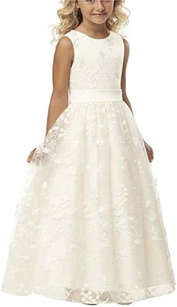 A line Wedding Pageant Lace Flower Girl Dress with Belt 2-14 Year Old