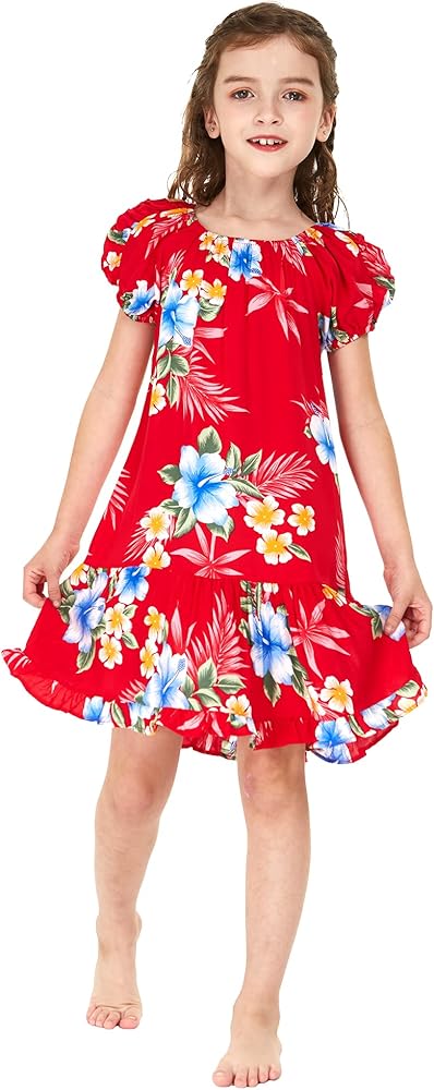 Girl Hawaiian Short Sleeve Simple Muumuu Ruffle Dress in Hibiscus Blue