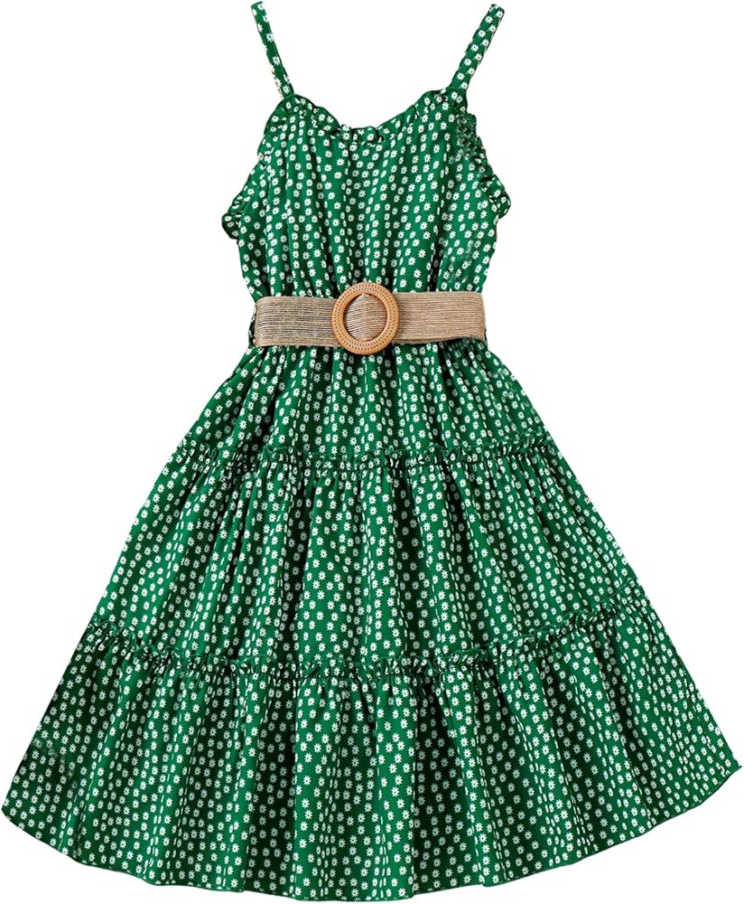 WDIRARA Girl's Floral Print Frill Trim V Neck Sleeveless Ruffle Hem A Line Cami Dress