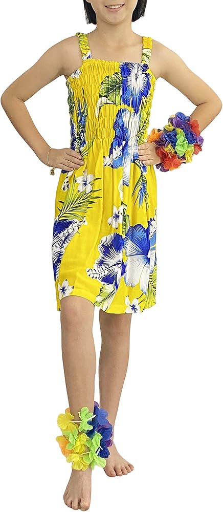 NA2 Girls Hawaiian Dress with Hibiscus Print, Smocked Tube Dress with Stretchy Straps, Knee Length (Yellow)