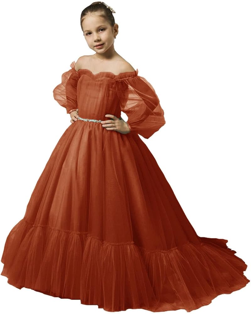 Tianzhihe Puffy Sleeves Flower Girl Dress for Wedding Princess Pageant Dress Kid Ball Gown with Belt