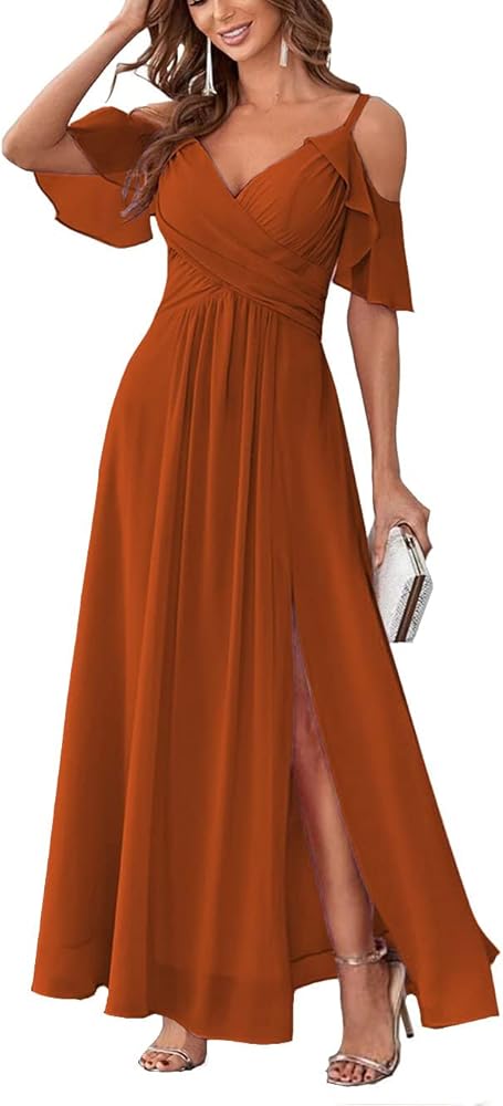 Women's Cold Shoulder Chiffon Bridesmaids Dresses for Women Long Slit Formal Party Dress for Junior ABC095