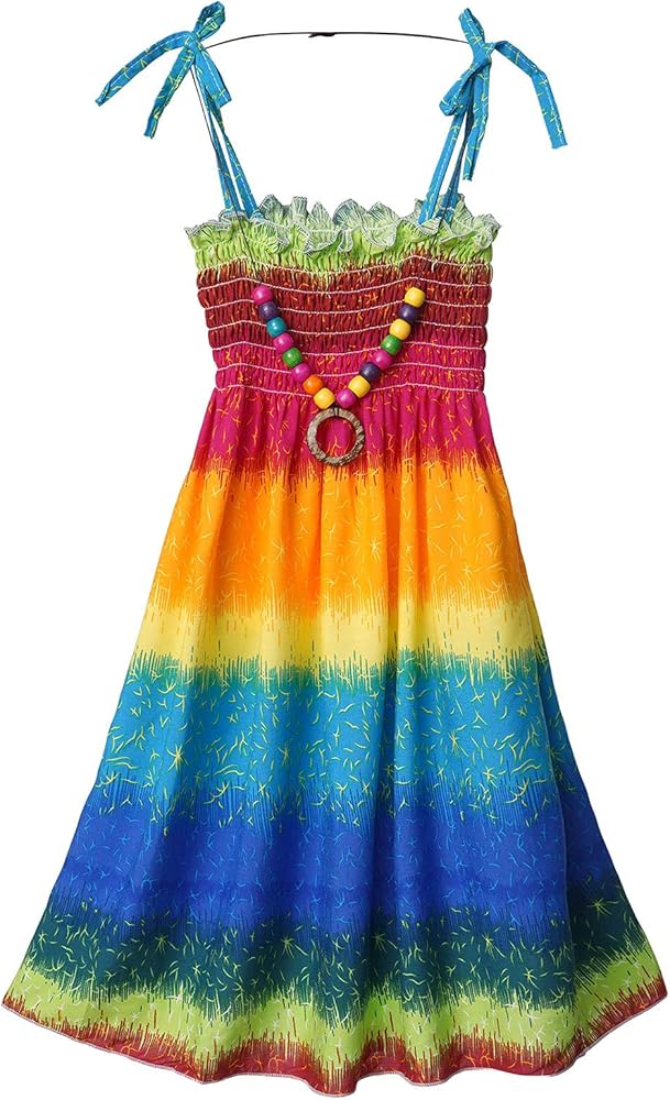 Kids Girls Cotton Bohemian Dress Sleeveless Floral Suspender Beach Dress Sundress with Necklace Summer Casual Wear Rainbow Color 3-4