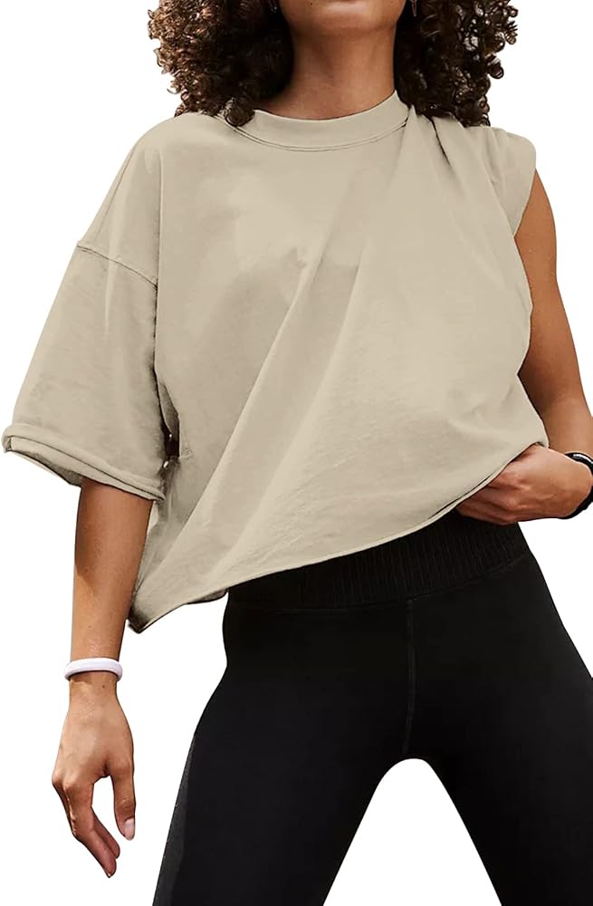 Women's Oversize Workout Crop Tops Casual Short Sleeve Drop Shoulder Boxy T-Shirts Roll Hem Basic Loose Yoga Running Tees