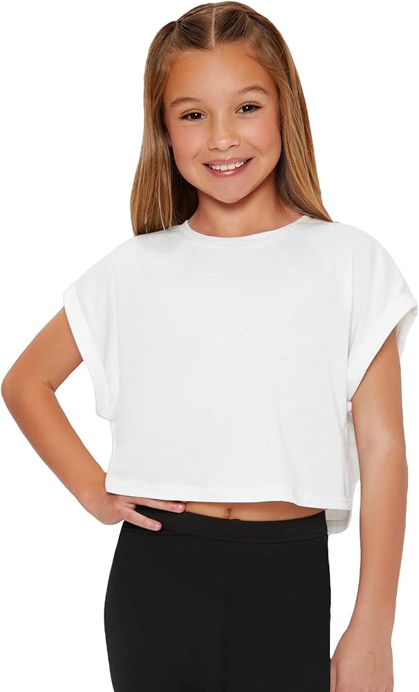 COZYEASE Girls' Solid Roll Up Sleeve Crop Tee Casual Round Neck Summer T Shirts