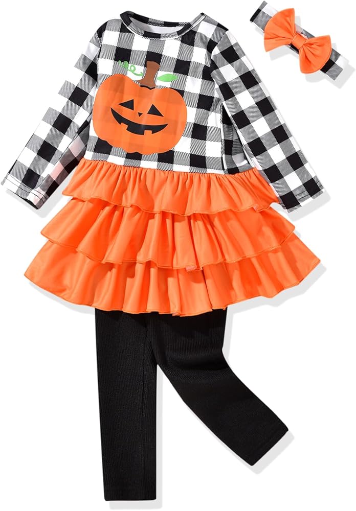 fioukiay 2t-7t Toddler Girl Halloween Clothes Set Long Sleeve Ruffle Fleece Sweatshirt Tops+Skirt Legging Pants Outfit