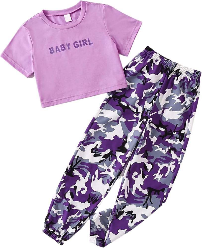 Floerns Girl's 2 Piece Outfit Casual Short Sleeve Tee Shirt and Camo Pants Set